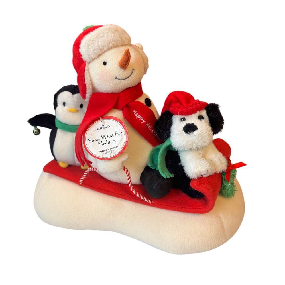 Hallmark Snow What Fun Sledders Animated Musical Plush Snowman Penguin Dog Red
